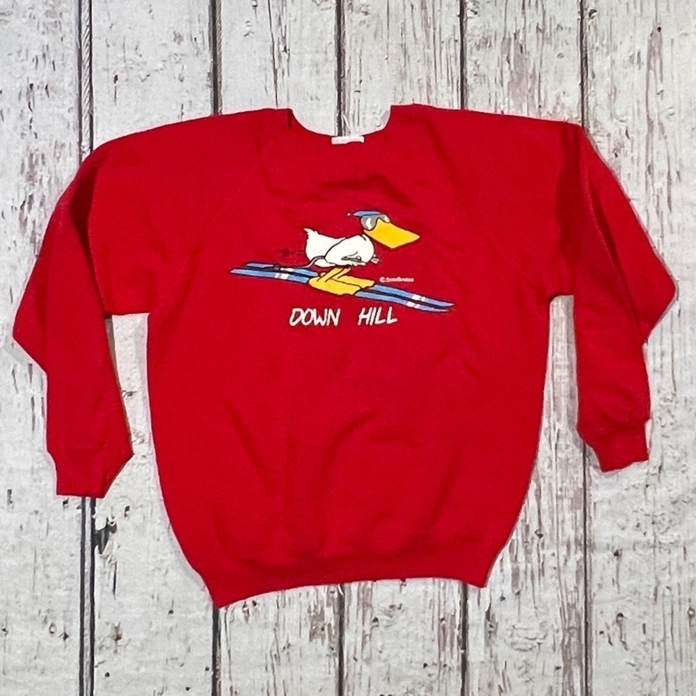 Vintage 80s Ski Down Hill Duck Cartoon 1980s Crewneck Pullover Sweatshirt